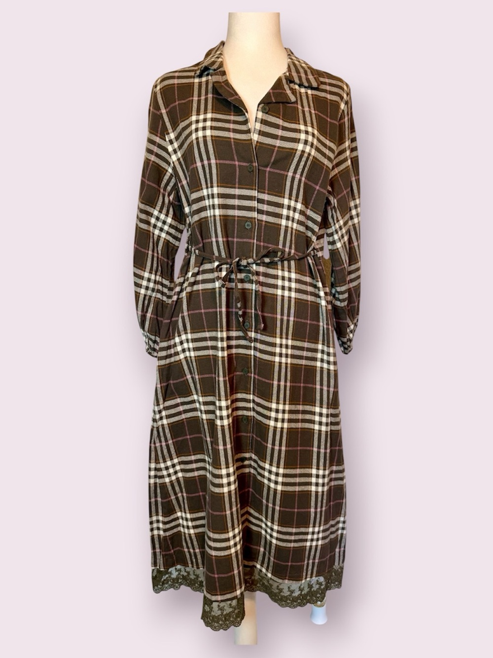 Rara Brown Plaid Long Sleeve Flannel Shirt Midi Dress Lace Trim Hem Size Medium